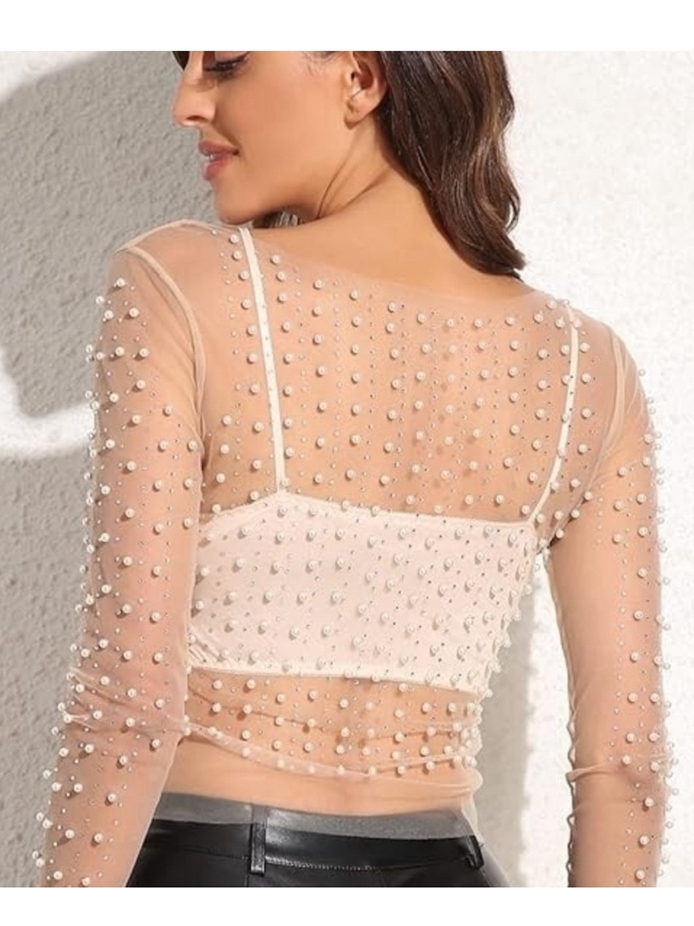 Sheer Pearl-Embellished Crop Top - White